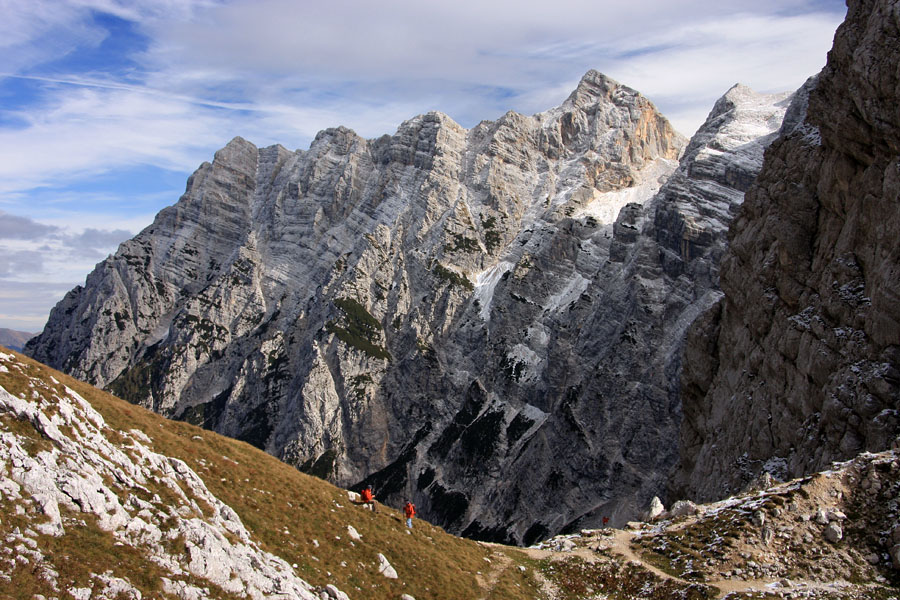 Sedlo Luknja
Meja med Primorsko in Gorenjsko ozr. med dolino Vrata in Trento. Zadaj je Cmir, Rjavčeve glave in Begunjski vrh.
Ključne besede: sedlo luknja cmir rjavčeve glave begunjski vrh