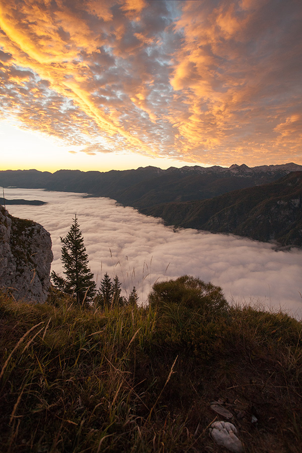 Z razglednika
Z razglednika pod Pršivcem. Sonce še ni vzšlo, oblake pa je že obarvalo rdeče.
Ključne besede: pršivec bohinjsko jezero