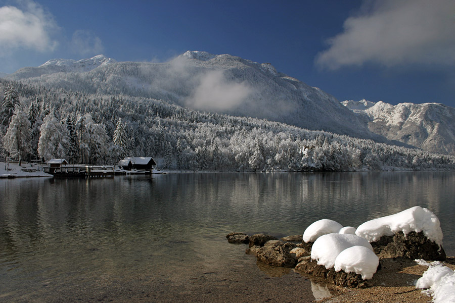 Zima ob jezeru
Sneg smo dočakali, ledu pa letos ni. 
Ključne besede: bohinjsko jezero