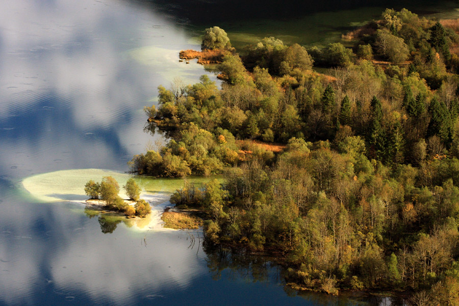 Jesen ob jezeru V.
Še en posnetek z "Nosa" pod Pršivcem. Močvirnati svet v Ukancu, kjer s Savica zliva v jezero.
Ključne besede: bohinj jezero