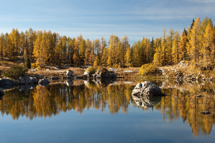 Dvojno jezero IV.
Odsev jesenskih macesnov v Dvojnem jezeru.
Ključne besede: dvojno jezero sedmera jezera dolina triglavskih jezer